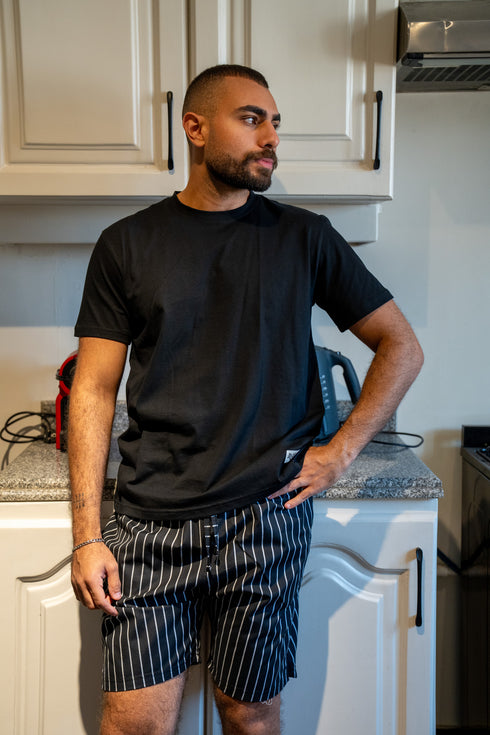 Men summer pajama set Black T-shirt + Black X White Stripes Short